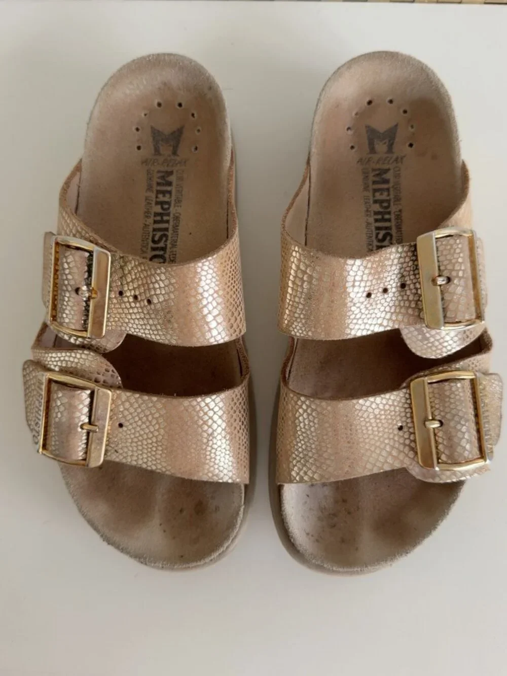 Mephisto Air Relax Metallic Gold Leather Slide Sandals Size 35